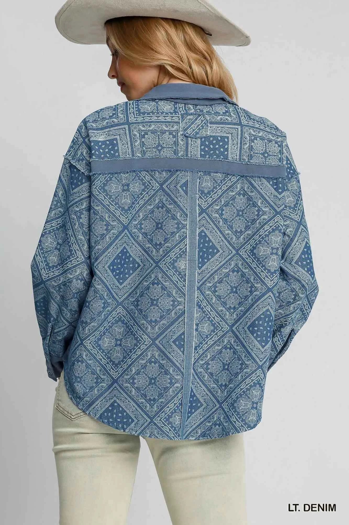 Umgee Paisley Print Denim Shirt Jacket cb2bfe65-f603-4fa8-ad16-fdac23083389-Max-Origin