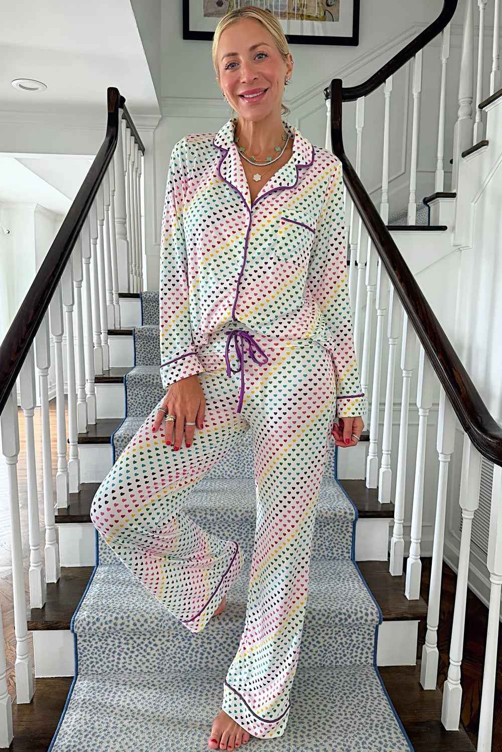 White Pride Heart Print Valentines Long 2pcs Pajama Set cb2c6dd0fee5c0bc