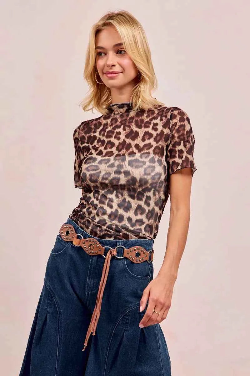 BiBi High Neck Leopard Mesh Short Sleeves Top cb2c778a92c74609a6fc35820d8410b4-Max-Origin