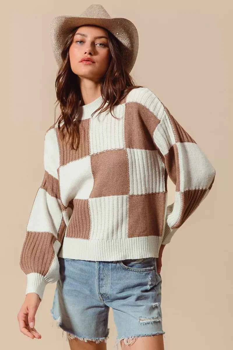 SO ME Ribbed Color Block Checkered Plaid Sweater cb2de95dae434693be86cf1b2a8f2b5d-Max-Origin