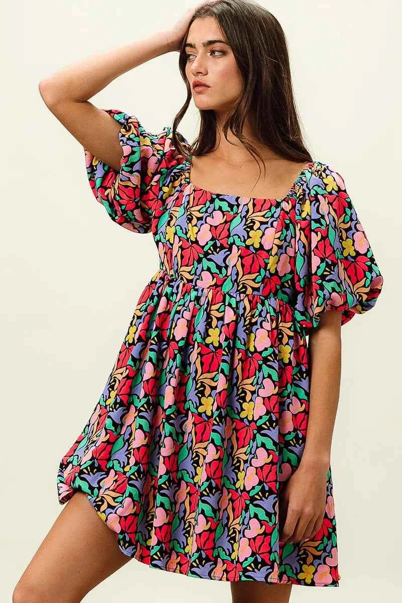 Floral Print Puff Square Neck Dress cb32367809f94e5099a96e0570f5b944-Max-Origin