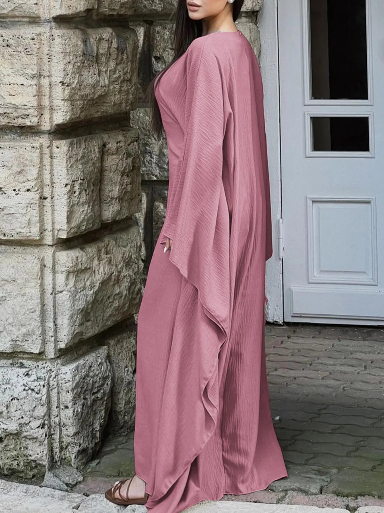 Round Neck Maxi Dress with Flowing Cape Sleeves cb33ee8804054a0293d1e48f4e1c1b2a-Max-Origin
