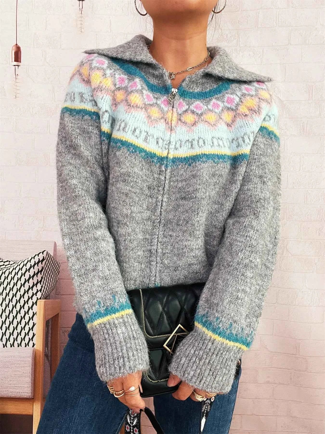 Fair Isle Pattern Zip-Up Cardigan cb35e892a04e4fa68b1ac5fe1f373cbd-Max-Origin