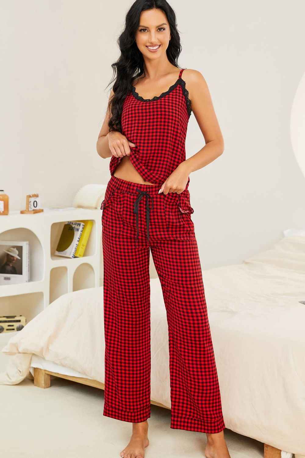 Plaid Lace Trim Cami and Drawstring Pants Pajama Set Plaid cb36187b15c24ae0a9cf001423c9a92d-Max