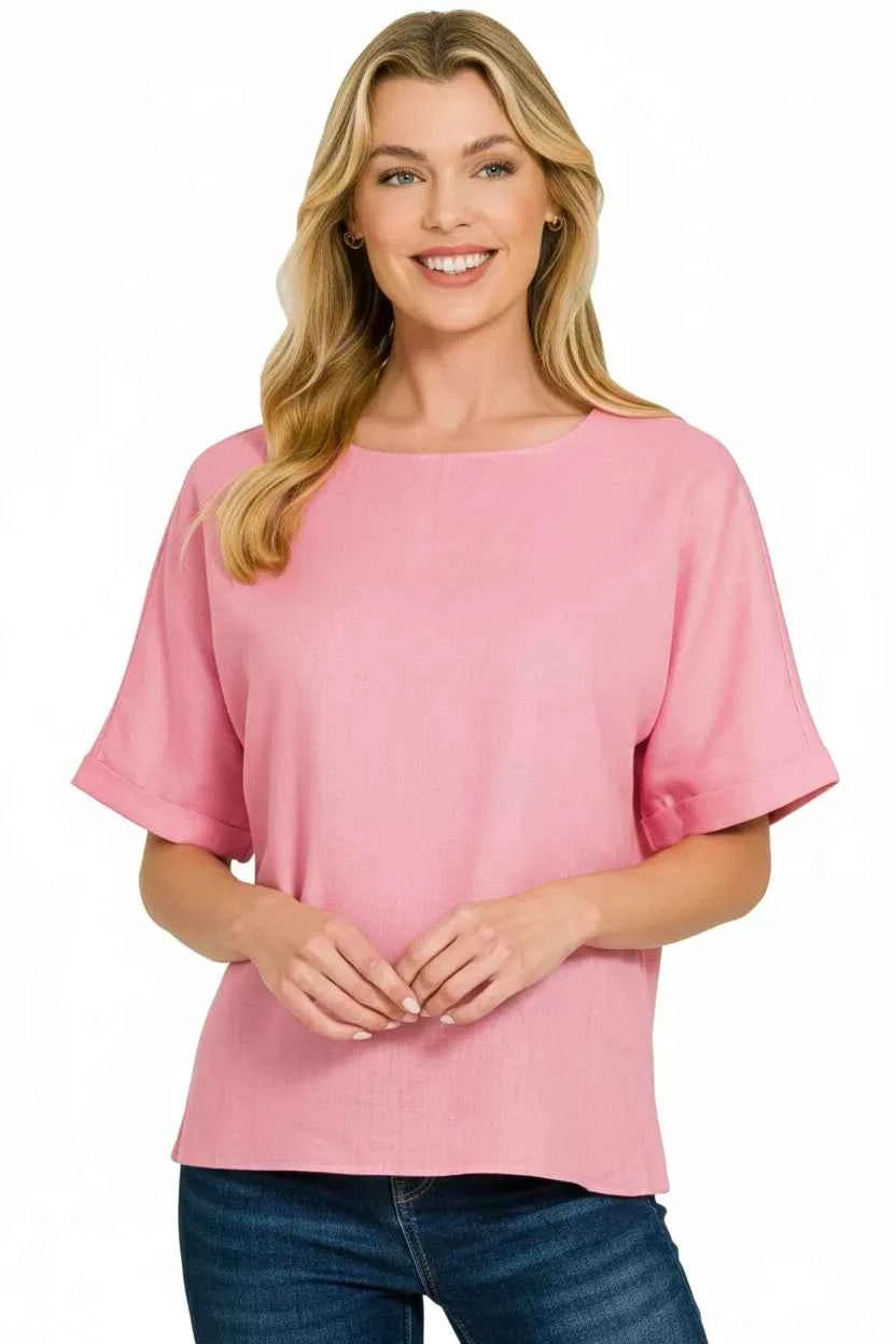 Zenana Linen Round Neck Cuffed Sleeve Top cb365dd2-9aef-466b-919b-1ff64e654987-Max-Origin