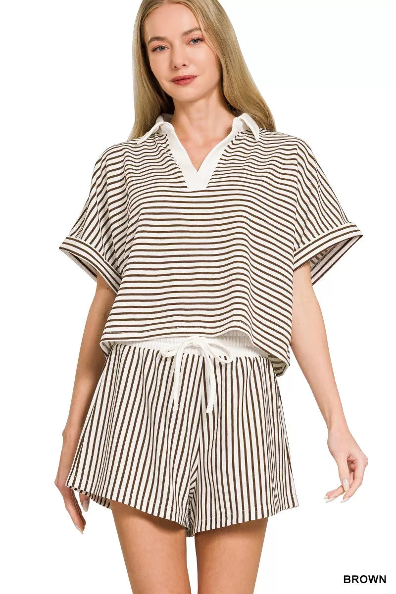 Zenana Striped Collared Top & Shorts Set BROWN cb3a9a41b2a8462eb01dd42d8645ee08-Max-Origin