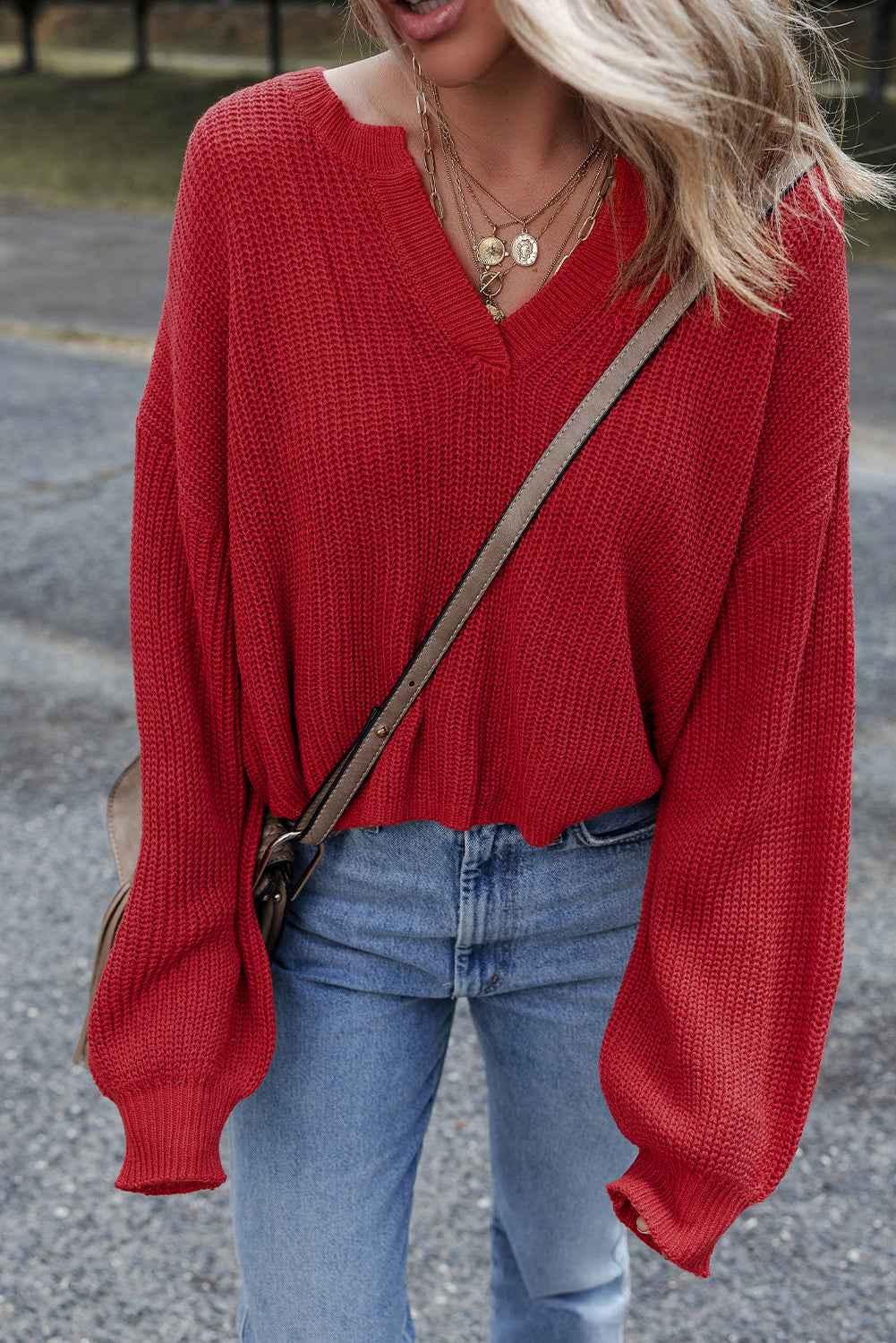Racing Red Solid Textured Knit V Neck Drop Shoulder Sweater cb3abdcaef9ecd0f