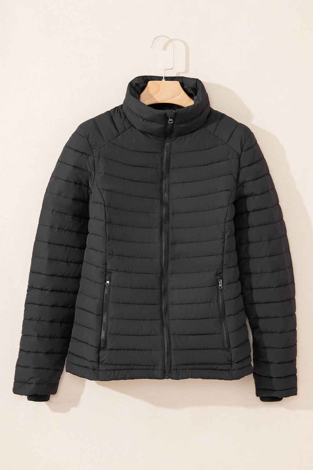Silvery Solid Color Quilted Zip-up Puffer Jacket cb3c8d6d74795092