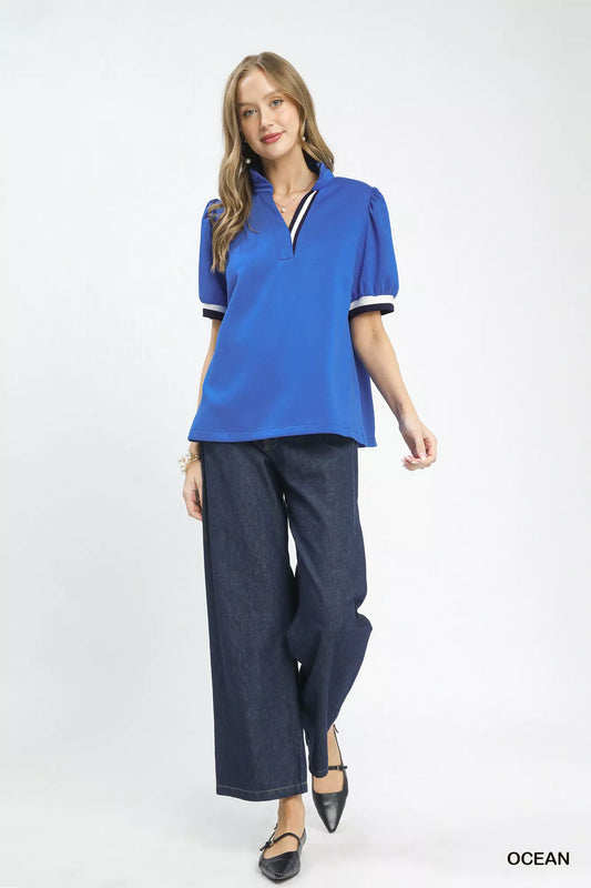 Luxe knit Contrast Trim Puff Sleeve Top cb43a83e-5646-4410-b844-d7360f0b7329-Max-Origin