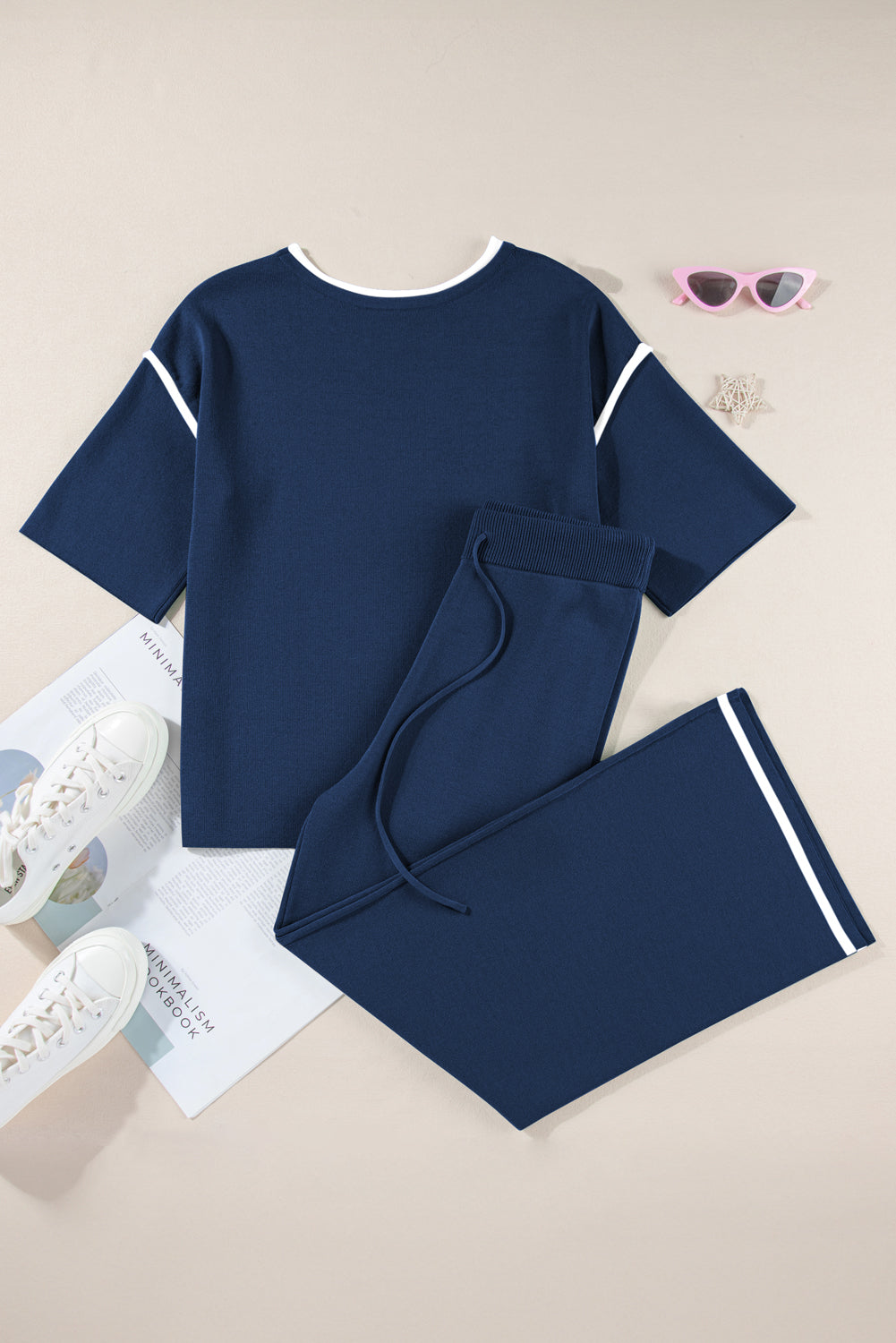 Navy Blue Loose Contrast Trim Half Sleeve Top and Drawstring Pants Set cb43cafaa1f98868