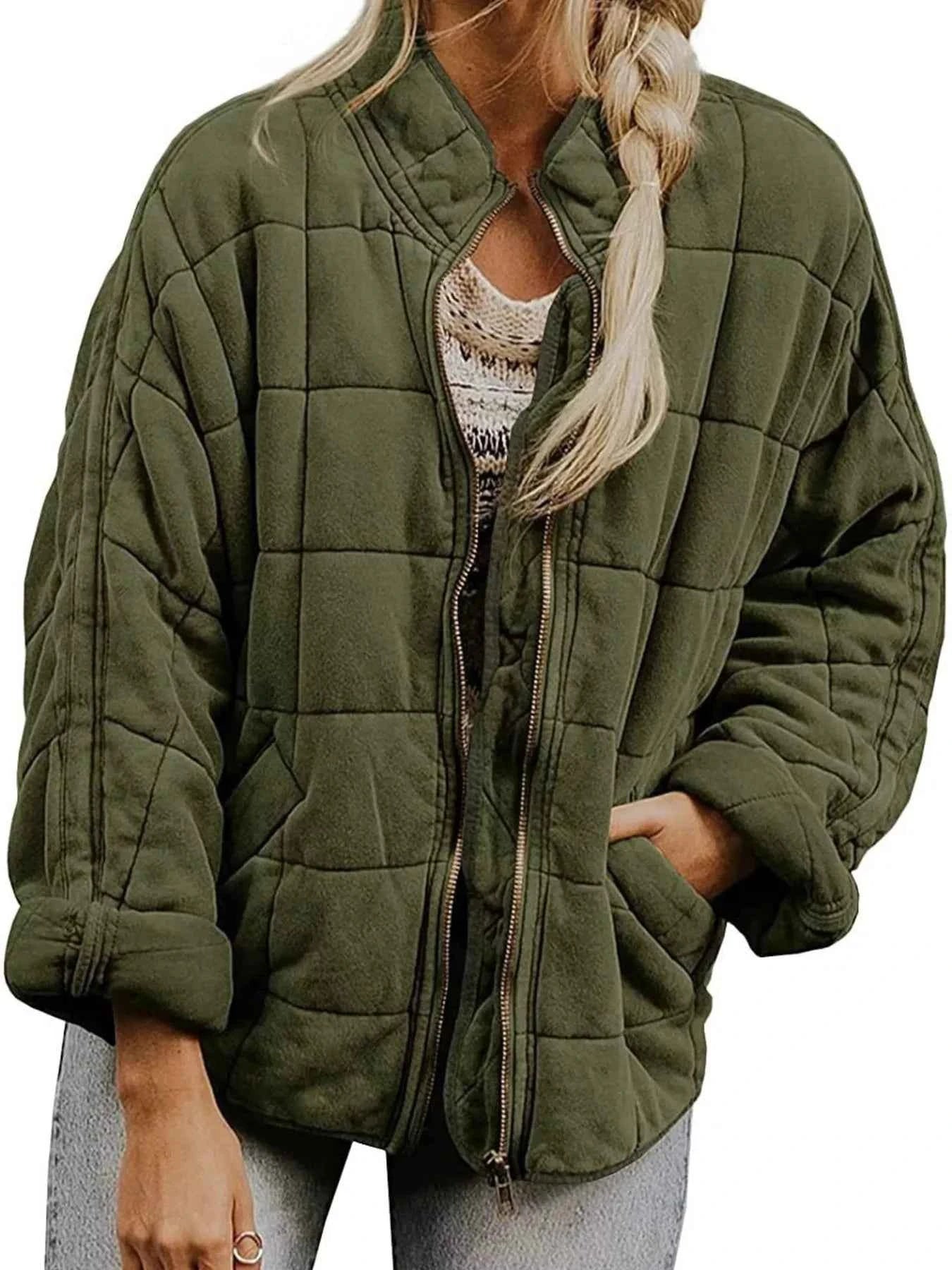 Full Size Zip Up Quilted Bomber Jacket Plus Size Army Green cb43cb985c2242a5a54ceda85ae623f8-Max-Origin
