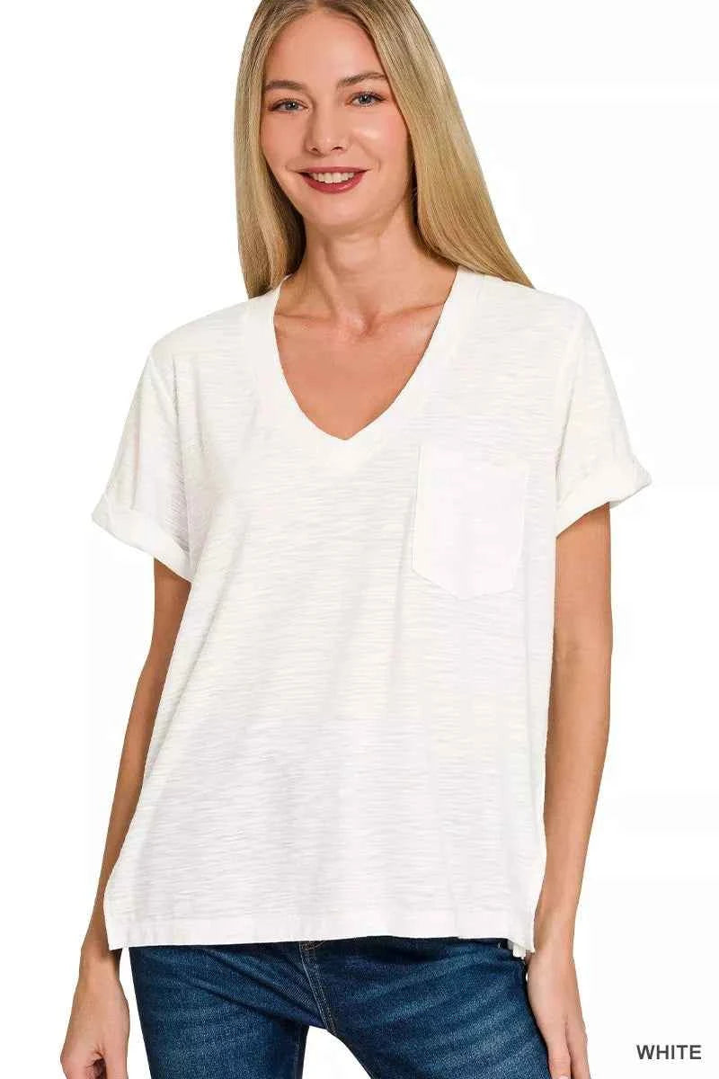 Zenana Slub Rolled Short Sleeve V-Neck Tee WHITE cb44dea1b3f74632b68519cf1dc874b0-Max-Origin