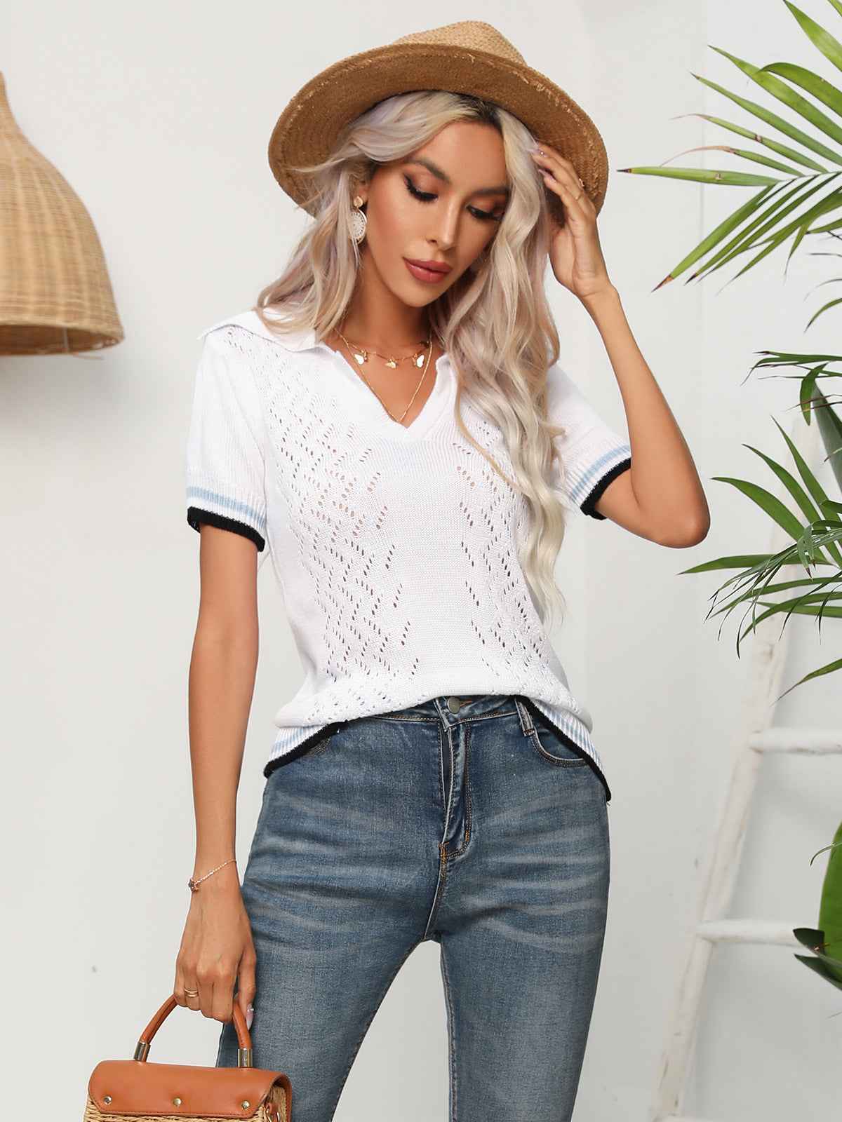 Johnny Collar Openwork Short Sleeve Knit Top cb48ab13f3eb4d629cdd0fbfcab40278-Max