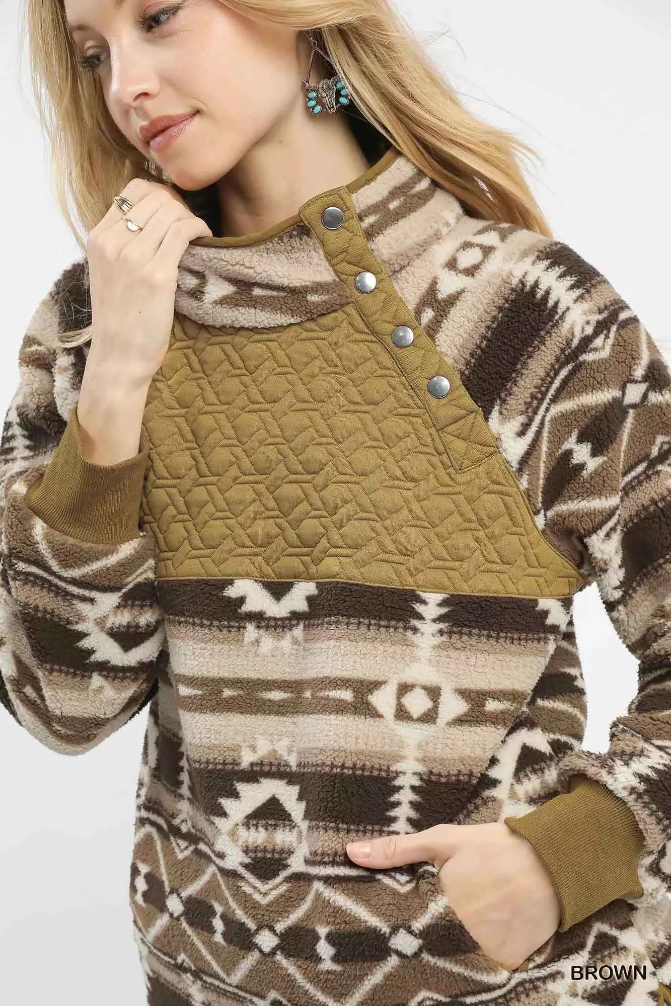 Umgee Aztec Print Sherpa Pullover cb4fdca1-e856-4bc6-85a1-8819993f52b2-Max-Origin