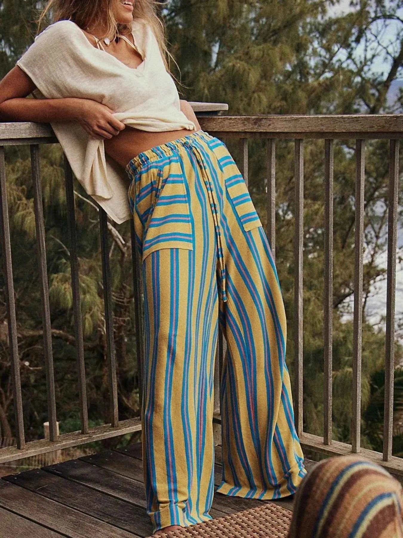 Striped Wide-Leg Drawstring Pants