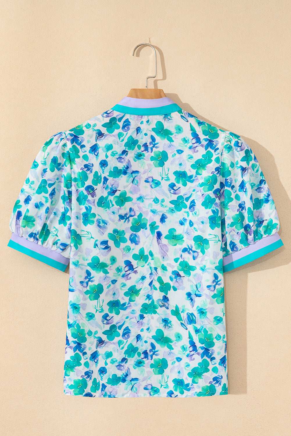 Green Floral Print Pop of Color V Neck Puff Short Sleeve Blouse cb59ad8b2b6a76af-_6