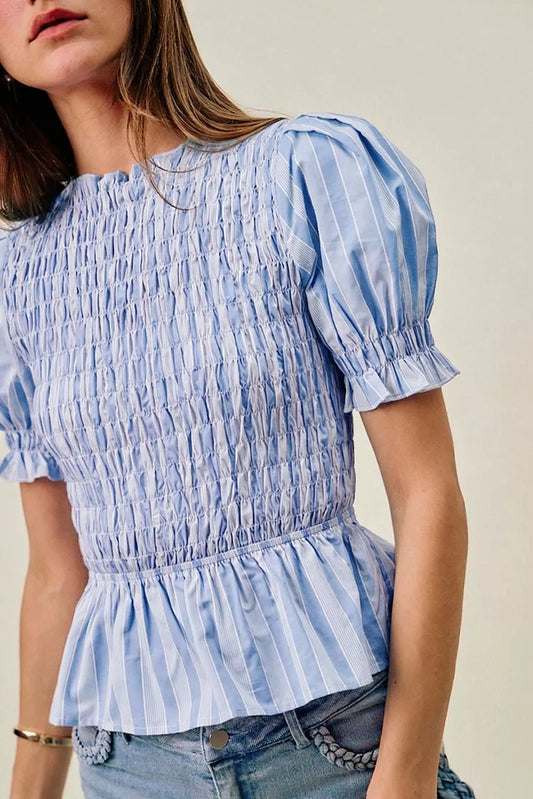Stripe Smocked Bodice Puff Sleeves Blouse Top cb5b49ec-562d-446c-a12c-0cc70a294d65-Max-Origin