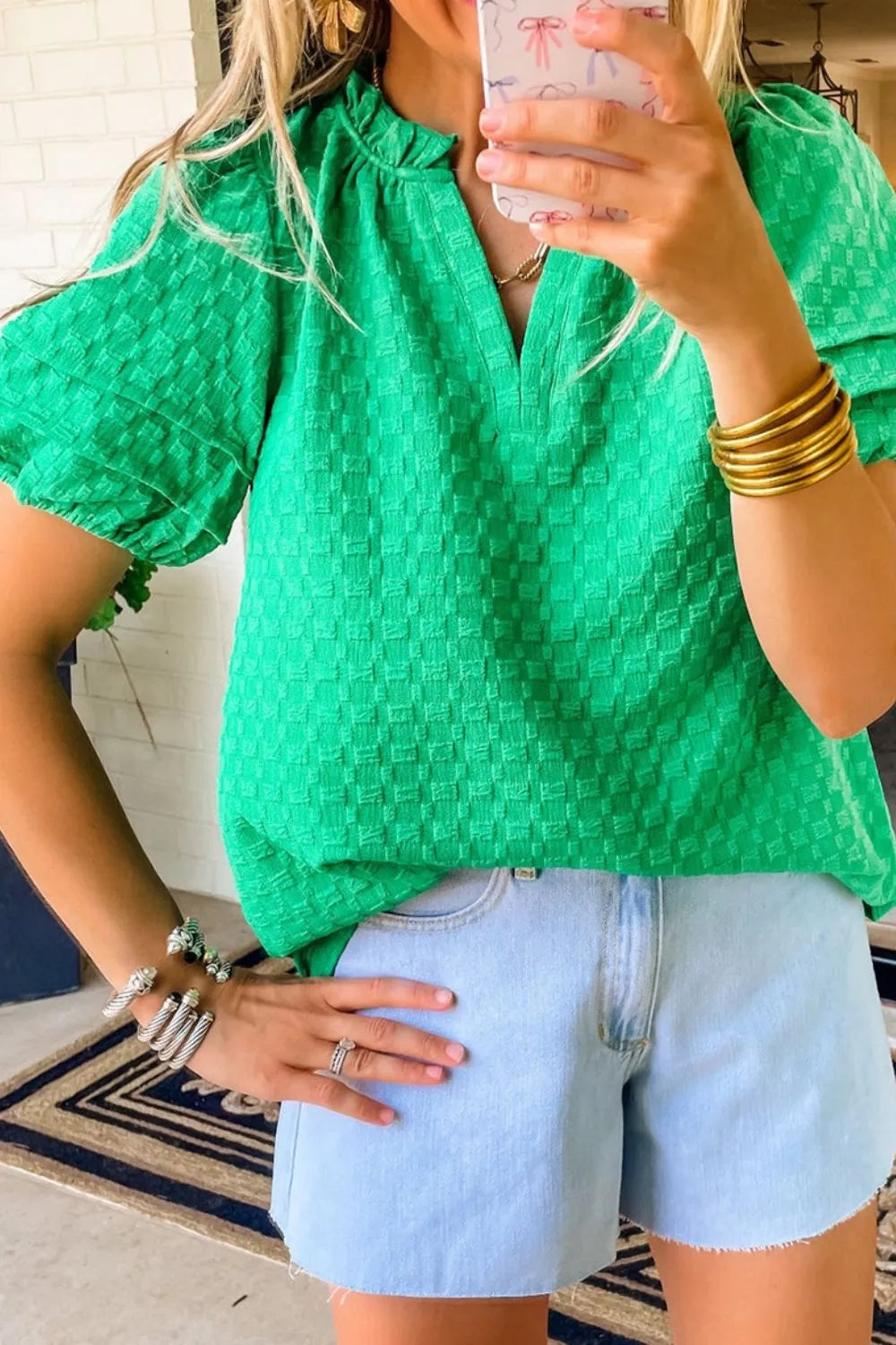 Textured Puff Short Sleeve Notched Top cb5b5c11-1e9a-4f4a-aa72-78009f5ff8f7-Max-Origin
