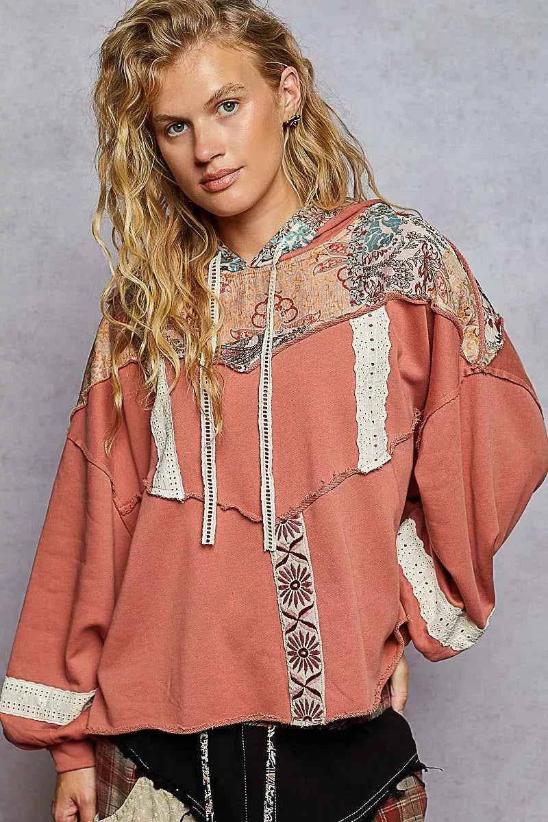 POL Drawstring French Terry Hoodie with Gauze Print Patch GINGER SPICE cb616066-08e6-452f-8a86-8ee6817ead0c-Max-Origin