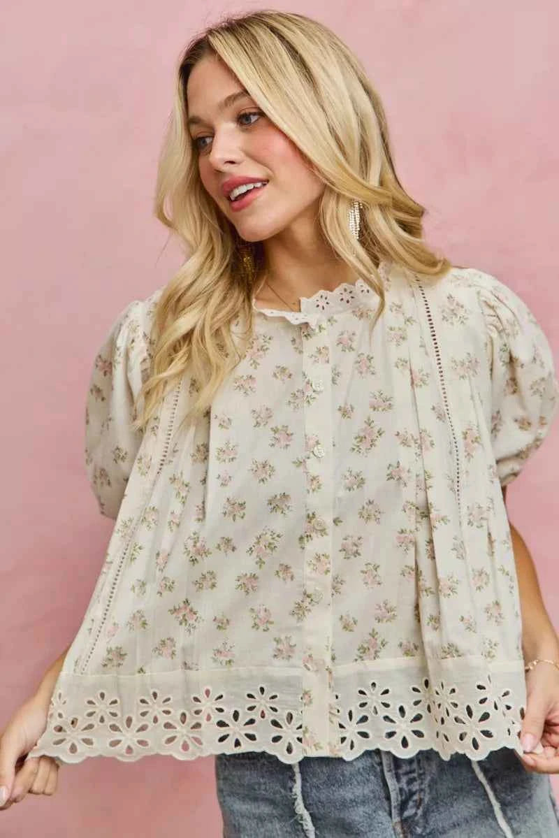 SO ME Floral Print Lace Trim Short Sleeves Blouse cb642d6c1d3c4ba5af3300eeff726f5a-Max-Origin