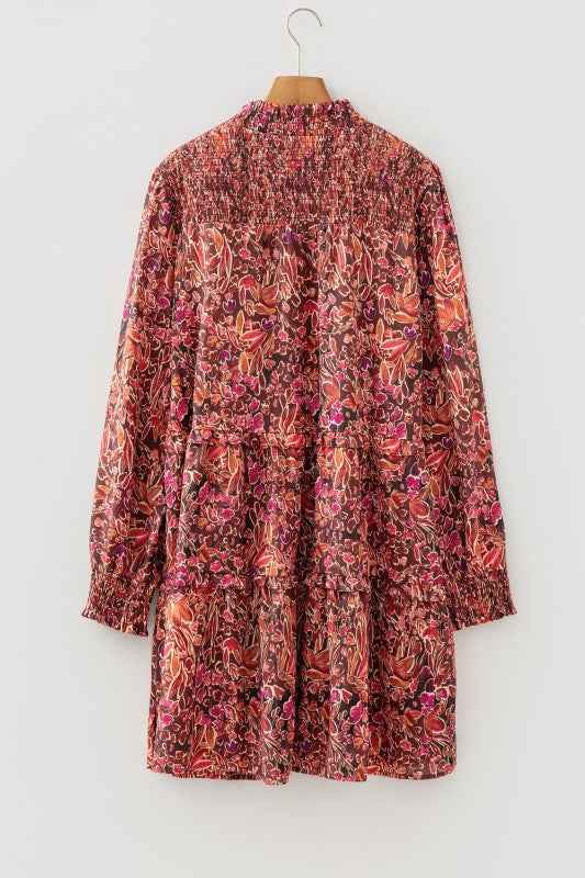 Floral Shirred Mock Neck Long Sleeve Mini Dress cb682e7e-dca9-43ed-a7b6-e9cd6855ab8b