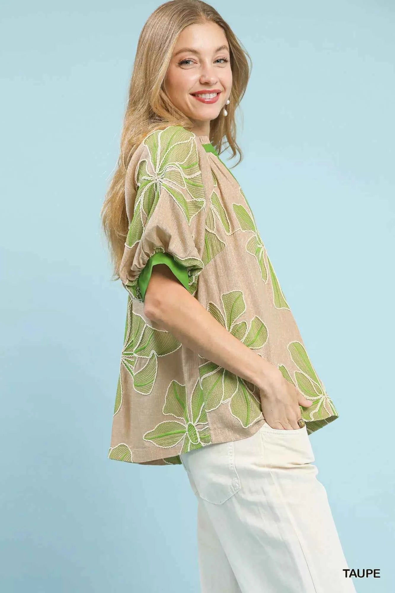 Embroidered V-Neck Short Sleeve Top cb6e3bd0-8c84-4430-bb89-8efd69ec50b9-Max-Origin