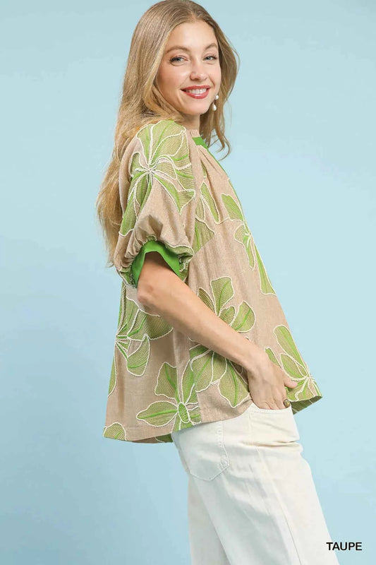 Embroidered V-Neck Short Sleeve Top cb6e3bd0-8c84-4430-bb89-8efd69ec50b9-Max-Origin