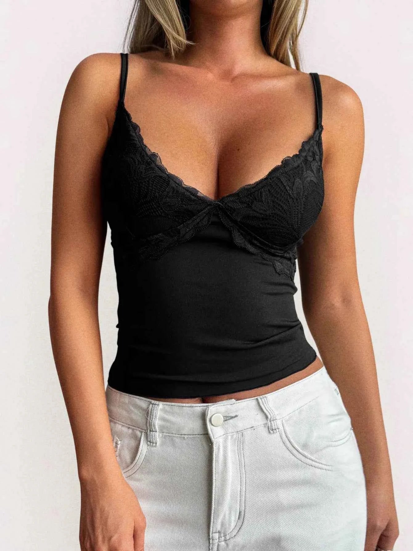 Lace Trim V-Neck Cami Top Black cb6e6385-410c-4445-9c6a-0453816bdc32-Max-Origin