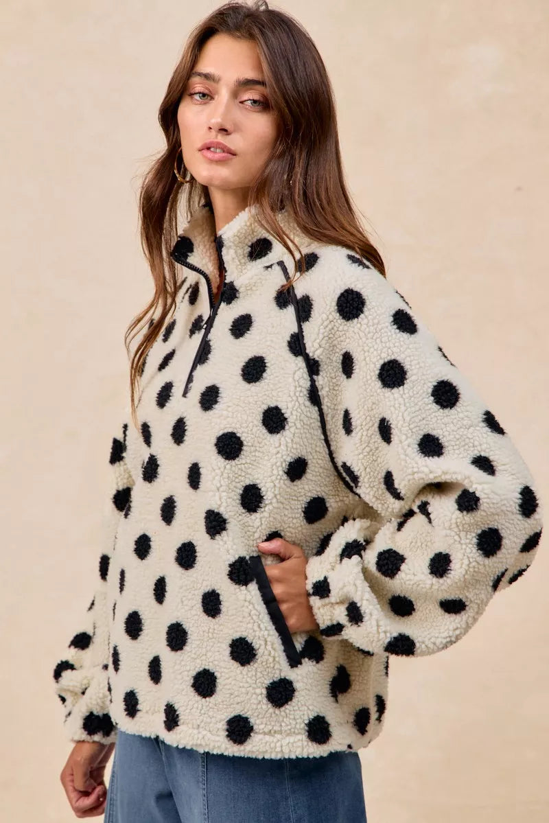 BiBi Polka Dot Sherpa Half Zip Up Top with Side Pocket cb6e659b-f9c6-498d-9e16-7ed387d2f867-Max-Origin
