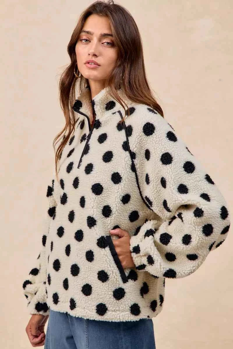 Polka Dot Sherpa Half Zip Up Top with Side Pocket cb6e659b-f9c6-498d-9e16-7ed387d2f867-Max-Origin