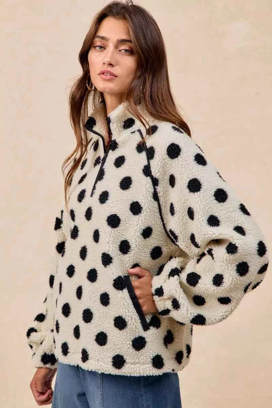 Polka Dot Sherpa Half Zip Up Top with Side Pocket cb6e659b-f9c6-498d-9e16-7ed387d2f867-Max-Origin
