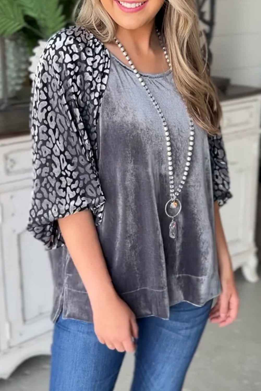Grey Leopard Splicing Lantern Sleeve Velvet Blouse Medium Grey 95%Polyester+5%Elastane cb71383f7652c268