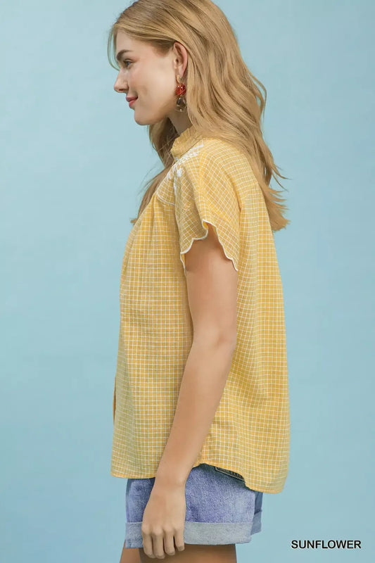 Embroidered Print Scallop Sleeve Button Front Blouse cb741fb7-c2ab-4e92-9b1d-3602fb7c03f7-Max-Origin