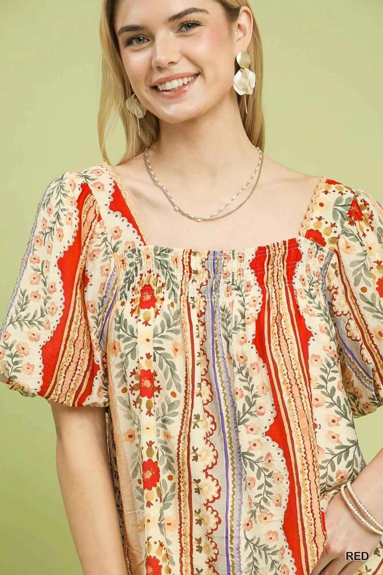 Umgee Patchwork Puff Sleeve Smocked Blouse cb7657d8-9ef1-48d9-a5d8-2f71467c2433-Max-Origin