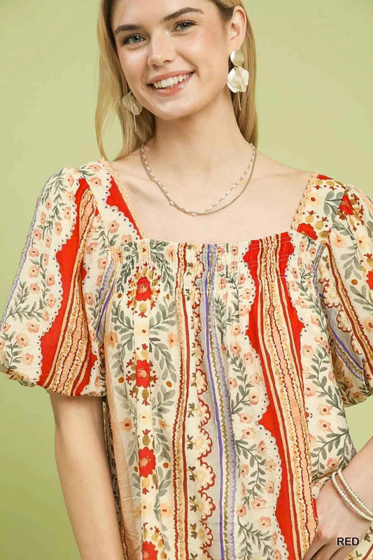 Patchwork Puff Sleeve Smocked Blouse cb7657d8-9ef1-48d9-a5d8-2f71467c2433-Max-Origin