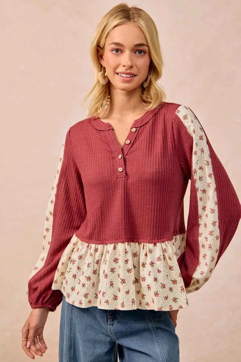 BiBi Waffle with Floral Woven Combo Top cb767b3cda5747a8863513144df38f2b-Max-Origin
