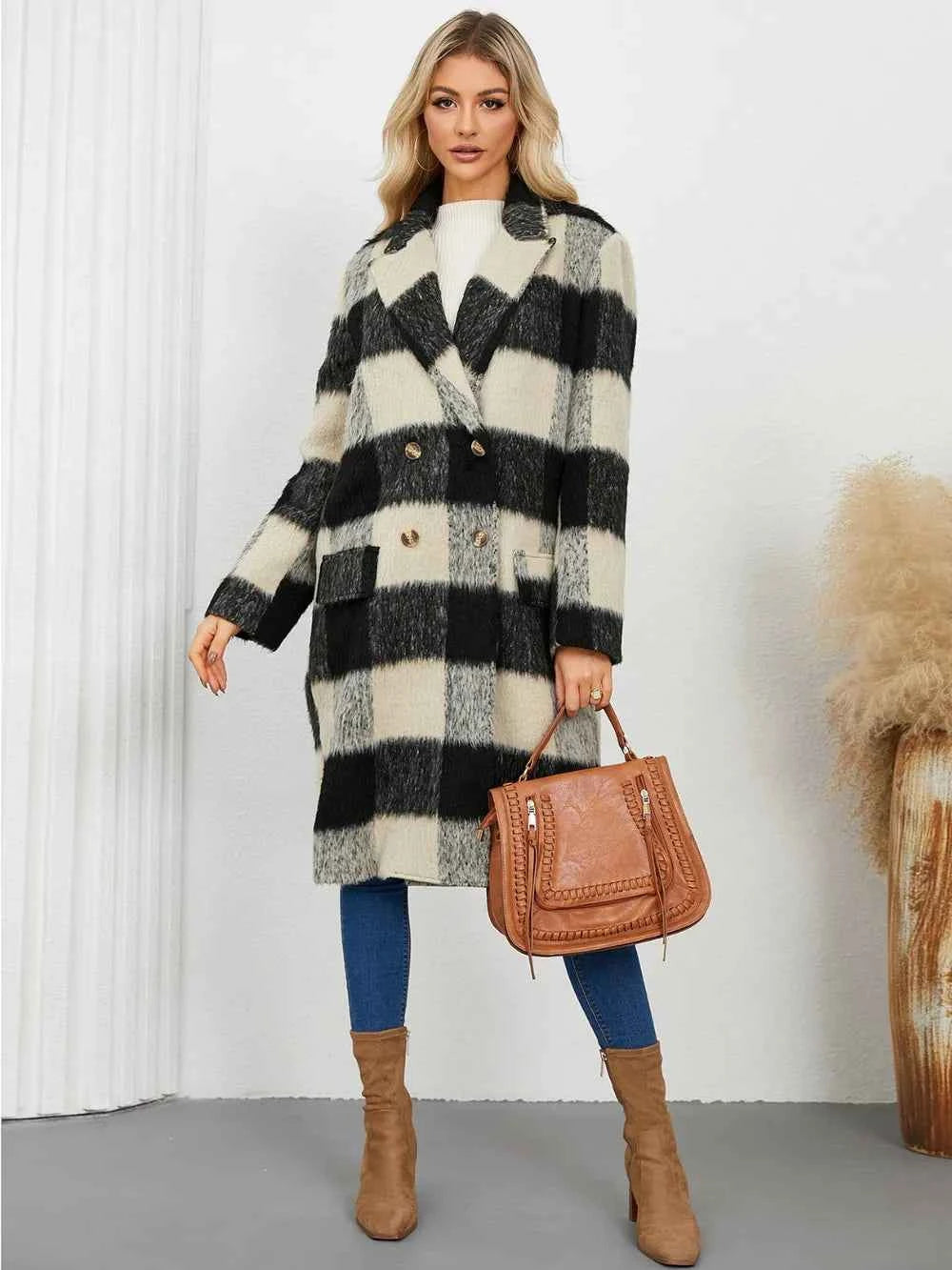 Plaid Double-Breasted Long Sleeve Coat cb7d5e1d-e0cb-46da-bd49-eb46c4f8c7f7-Max