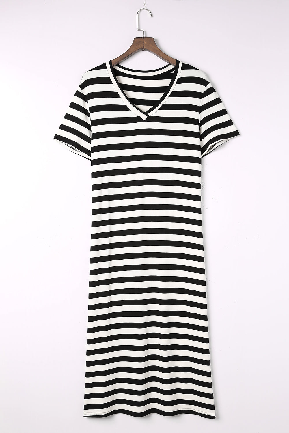 Black Casual Striped Print V Neck Side Split Maxi Dress cb83e725b7cafe37