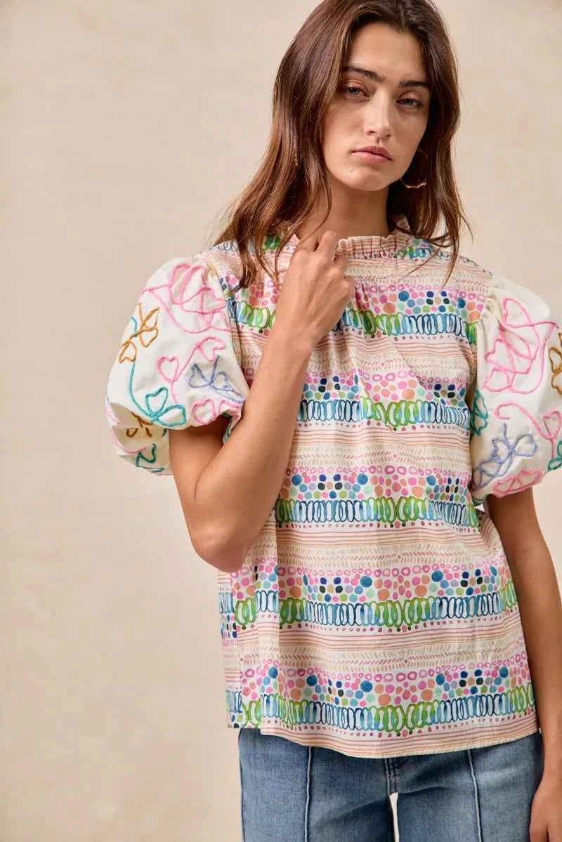 BiBi Ruffle Neckline Blouse With Embroidery Bubble Sleeve cb863d0bae31427cbd4c0021e80bc43d-Max-Origin