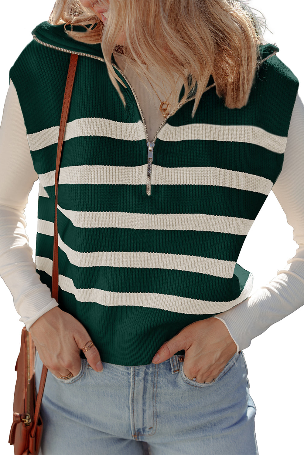 Blackish Green Ribbed Half Zip Collared Sweater Vest cb88005490131b5a