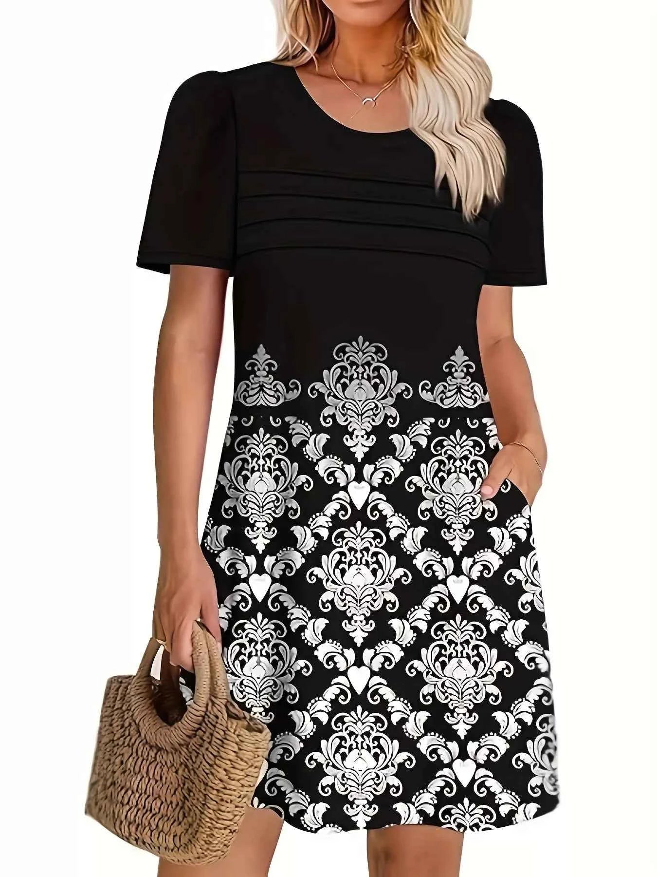Printed Round Neck Short Sleeve Dress cb89a9f873b14dbeb72c1708355159a8-Max-Origin