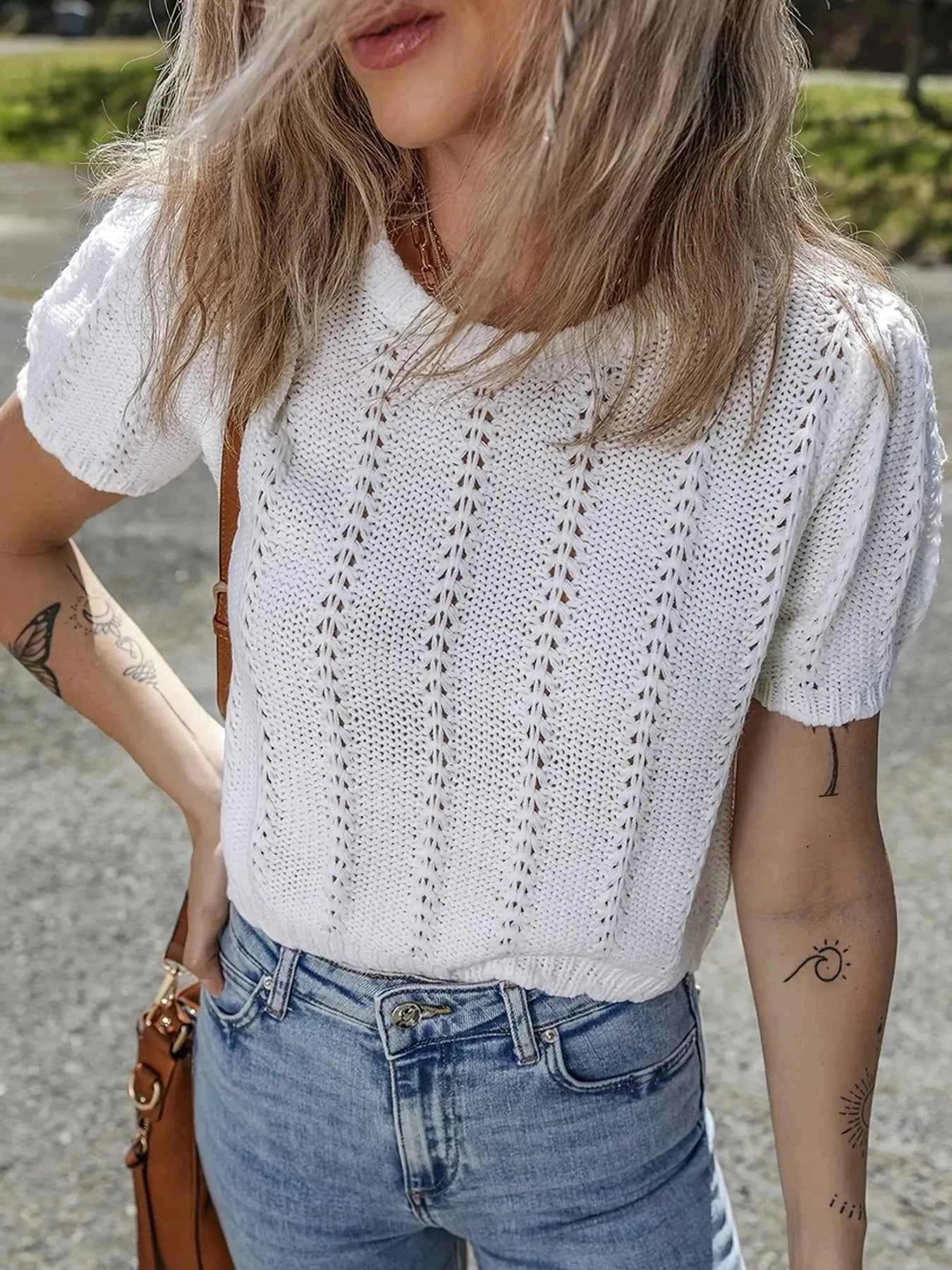 Openwork Round Neck Short Sleeve Sweater White cb8c686211974bf58c1175a26b28fd58-Max-Origin
