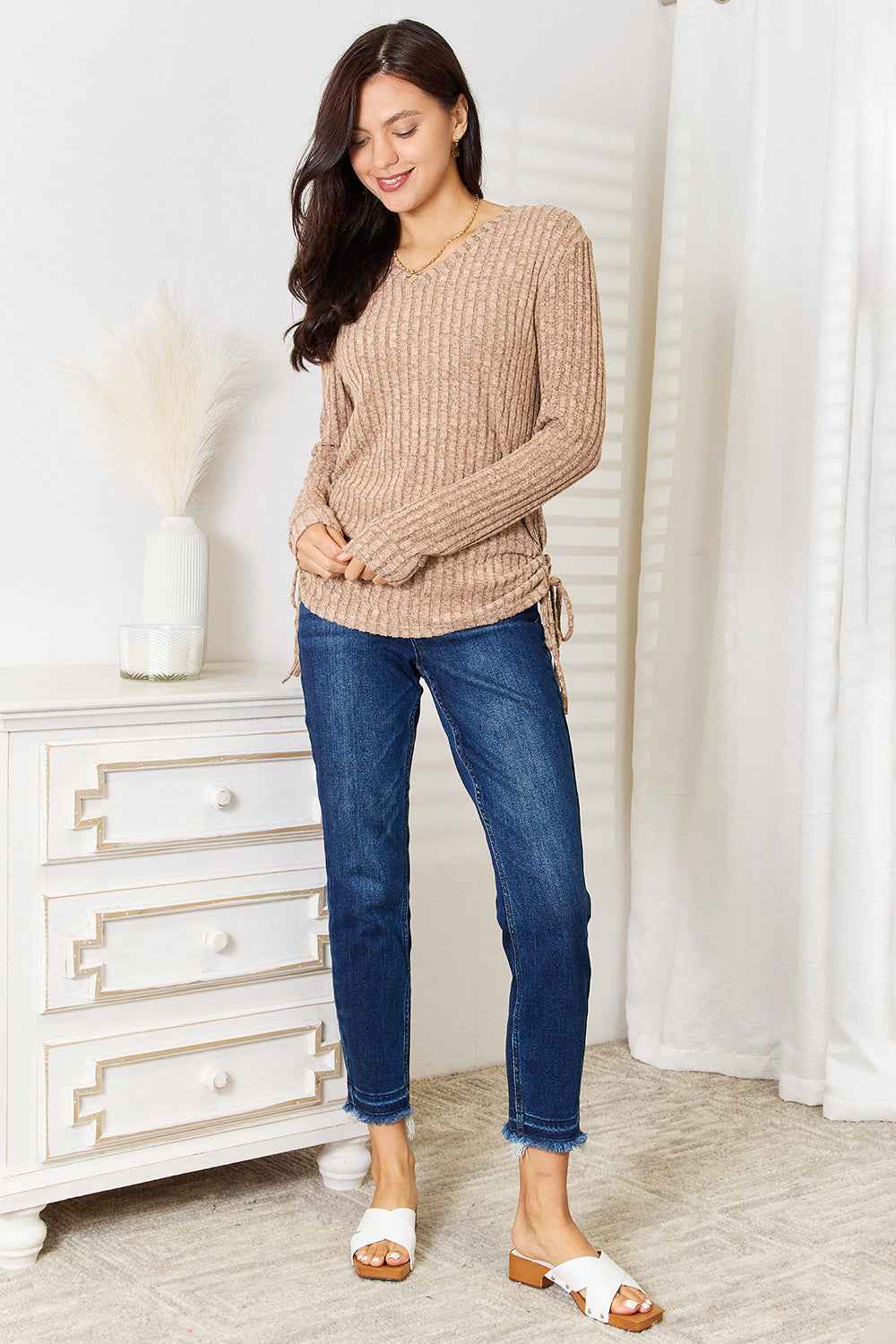 Double Take Drawstring Ribbed Long Sleeve T-Shirt cb8e1bae212e44eebad529e581142bea-Max