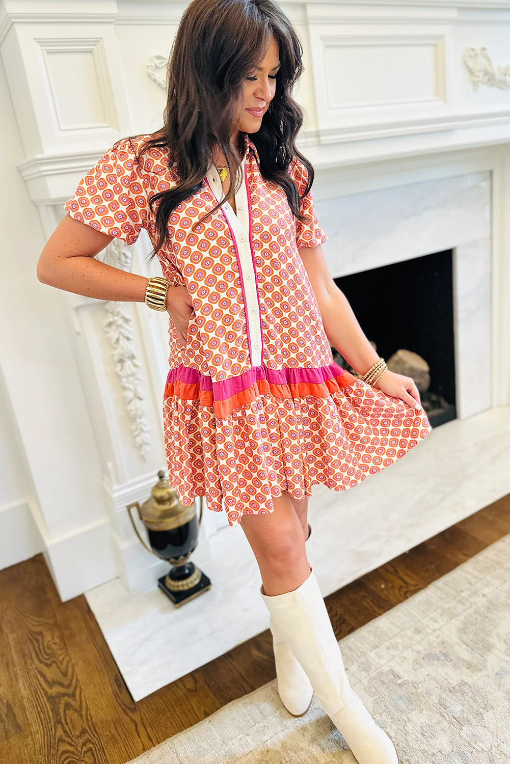 Orange Geometric Floral Print Color Block Trim Button Front Ruffle Hem Dress cb933ad9acc24104