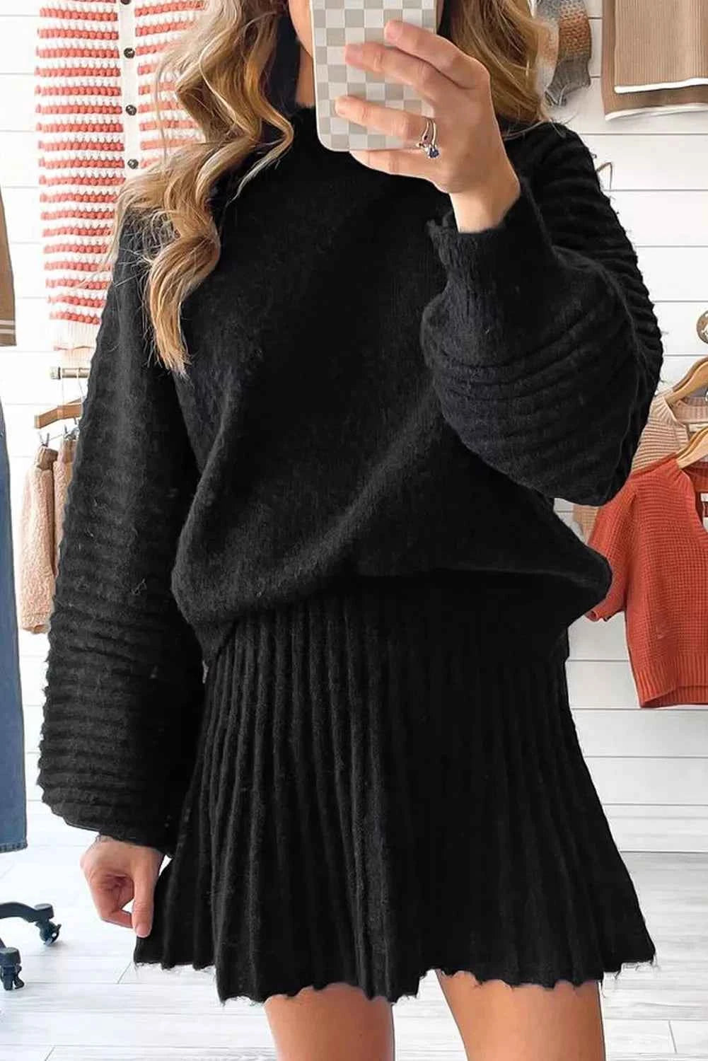 Round Neck Top and Skirt Sweater Set Black cb948ff1-ee5d-4f94-8d4a-d28ba173e749-Max-Origin
