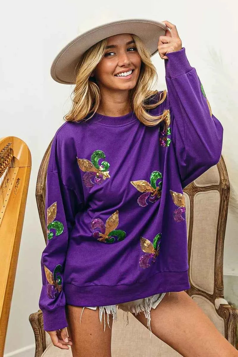 BiBi Fleur De Lis Sequin Patches Mardi Gras Sweatshirt cb971f4090844e1dabedc9a826d9823d-Max-Origin