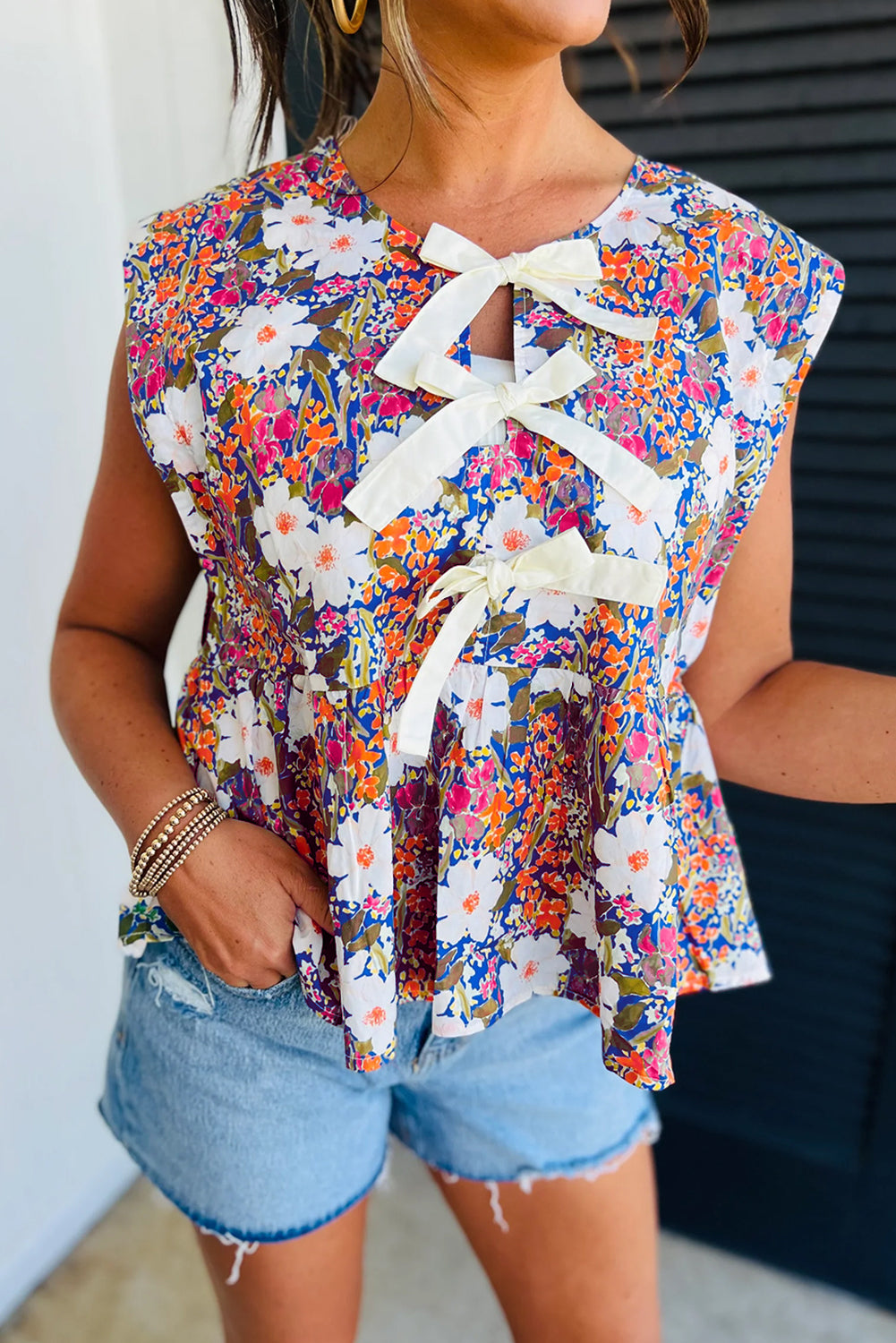 Rose Floral Bow Front Sleeveless Peplum Shirt Rose cb9727f164a340ca