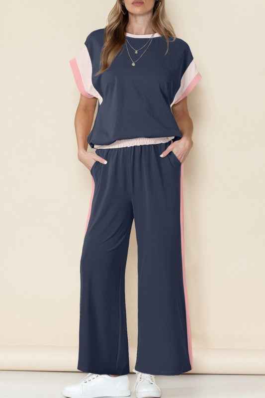 Colorblock Cap Sleeve Tee and Pants Set White cb9aae47-e9bc-4b23-92d8-c059945cbdc7