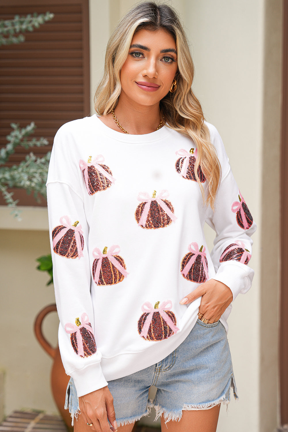 White Sequin Bow Pumpkin Patched Cotton Baggy Sweatshirt cb9f18e264a302bb