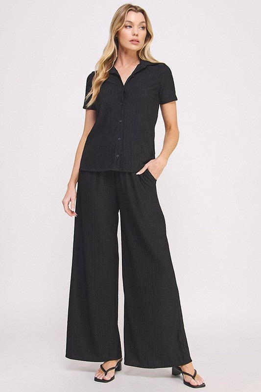 Textured short slv button down/wide leg pants set cba48275-1d64-42b6-abc0-a09e4ad2b4ad